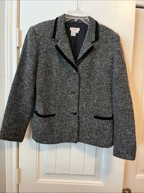 Talbots Black and White Tweed Velvet-Trim Blazer